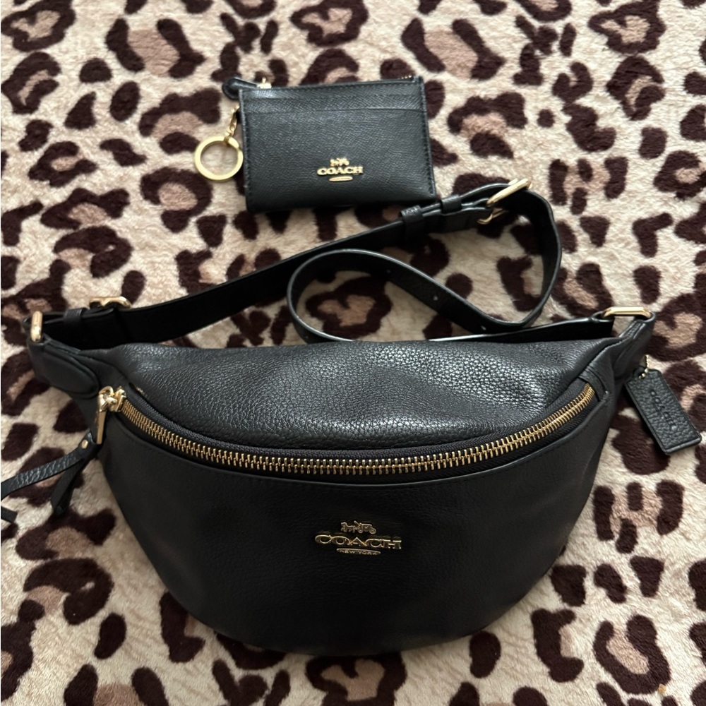 Coach Black Leather Belt Bag with card case
